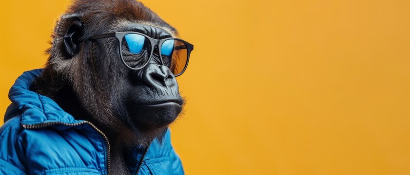 Funny animal photography - Cool gorilla with sunglasses and blue jacket, isolated on yellow background banner