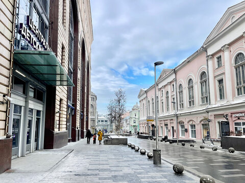 Moscow, Russia, February, 20, 2024. Pushechnaya street in Moscow in cloudy weather in winter