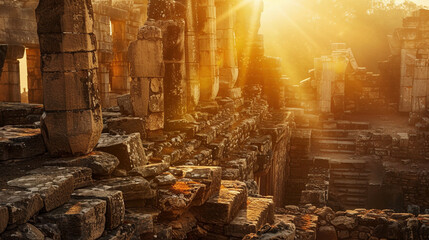 Ancient Ruins Glowing in Golden Light - obrazy, fototapety, plakaty