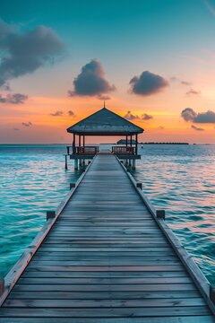 sunrise island maldives over the ocean and wooden pier in sunrise
