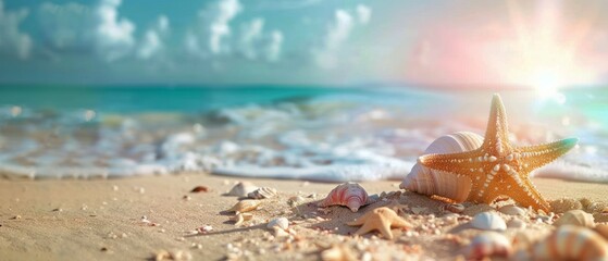 Fototapeta na wymiar Starfish and Shells on Sandy Beach