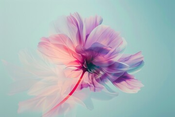 Translucent pink flower on a pastel blue background.