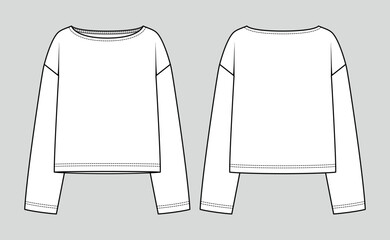 Oversized long sleeve top. T-shirt boat neck. Fashion sketch. Flat technical drawing. Vector illustration.