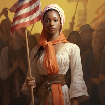afro american woman holding USA flag and looking at camera, history
