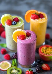 Smoothies made from fresh fruits in glass glasses