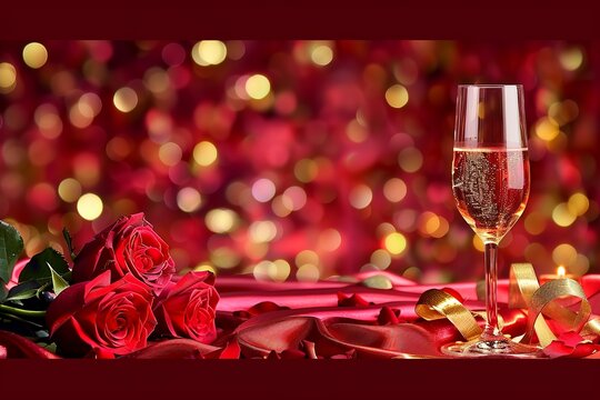 An Illustration of Romantic Valentine's Day Celebration, Intertwined with Wine and Roses for an Intimate Evening of Passion. Made with Generative AI Technology