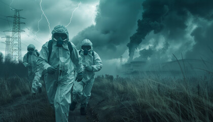 Naklejka premium radiation accident at a nuclear power plant, explosion in a reactor. Scientists run in protective gear.