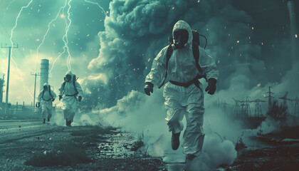 radiation accident at a nuclear power plant, explosion in a reactor. Scientists run in protective gear. - obrazy, fototapety, plakaty