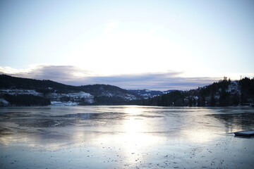 Partly frozen Titisee, the lake in Freiburg, Germany