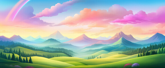 Fototapeta na wymiar Charming gradient landscape featuring rolling hills and a rainbow sky, evoking the most adorable and beautiful scenery.