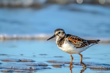 Obraz premium Black - tailed Godwit, Limosa limosa, birds feeding on the beach at low tide