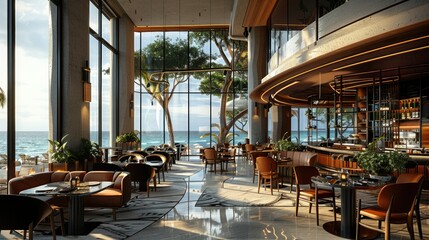 A modern beach resort restaurant with black metal and wood finishes in and brown leather, curved and layered walls. Generative AI. - obrazy, fototapety, plakaty