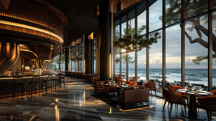 A modern beach resort restaurant with black metal and wood finishes in and brown leather, curved and layered walls. Generative AI. - obrazy, fototapety, plakaty