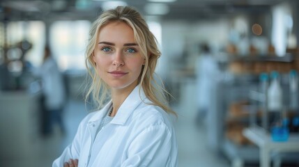 Caucasian woman scientist lab technician wearing a white lab coat with blonde hair standing in a laboratory. Generative AI.