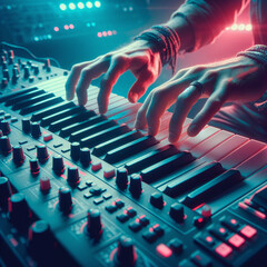 male hands playing music on midi controller in nightclub, closeup