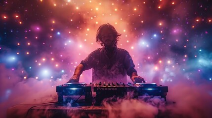 A DJ facing the camera playing on a summer festival, colorful lights, smoke, people dancing....