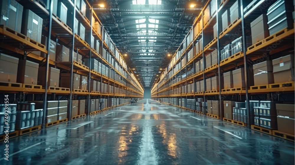 Aufkleber a large warehouse with many boxes stacked on shelves. generative ai