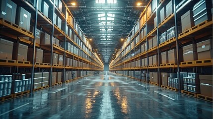 Fototapeta premium A large warehouse with many boxes stacked on shelves. Generative AI