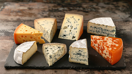 Fototapeta premium Assortment of Cheese Wedges on Slate Board