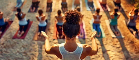 Fototapeta premium Drone Yoga Class Influence, Outdoor health and wellness, Fitness trend capture