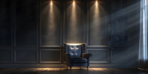 Interior background of room with lamps,Black gold chair and black wall.