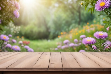 Empty wooden table for product display with aster garden background