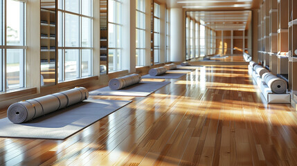 Bright and Airy Yoga Studio with Neatly Rolled Mats - obrazy, fototapety, plakaty