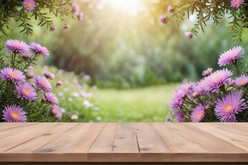 Empty wooden table for product display with aster garden background
