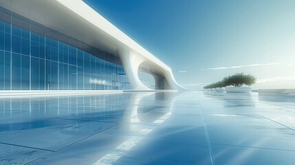 In the distance, minimalist futuristic building with clean and spacious floors. Outdoor. Generative AI.
