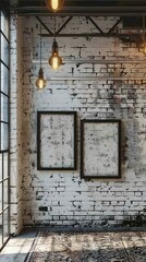 Vintage Industrial Interior with Empty Frames
Loft-style interior featuring a distressed white brick wall with two empty picture frames and vintage hanging lights.
