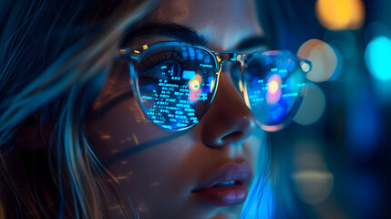 Code reflection in programmer's glasses on  blurred with bokeh lights background