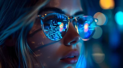 Muurstickers Code reflection in programmer's glasses on  blurred with bokeh lights background © YUTTADANAI