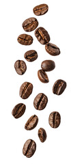 Coffee beans in the air close -up isolated on a white background