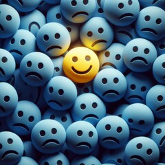 A single happy face stands out in a sea of blue sad emojis. It symbolizes positivity in the midst of adversity.