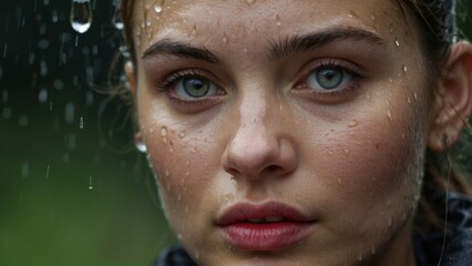 Close-up portrait of a young beautiful girl in the rain.