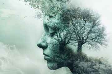 Serene Profile of a Woman Merged With Nature Suggesting Tranquility and Balance