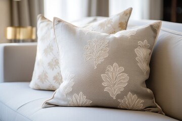 Close-up of a fabric sofa with white and beige pillows