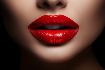 A image capturing the allure of perfectly painted rich red lips, accentuating the curves and contours of the lips, a sense of glamour
