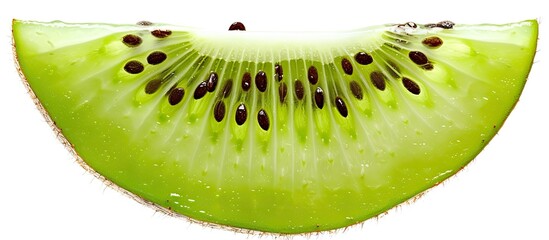 A slice of kiwi fruit with seeds, showcasing the juicy and flavorful interior against a clean white background. - obrazy, fototapety, plakaty