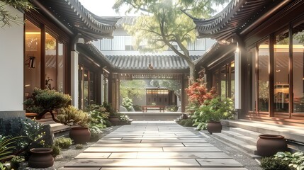 Fototapeta na wymiar New Chinese-style courtyard, with a strong aesthetic charm of ancient oriental China. Generative AI.