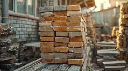 Concrete and brick, Organized stack of solid clay bricks for construction projects in a building yard. Generative AI.