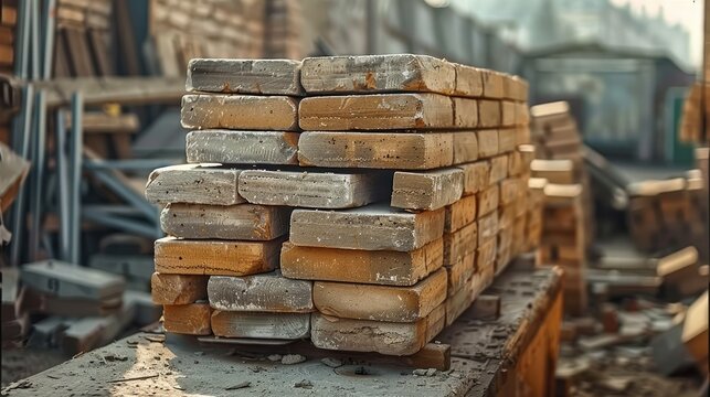 Concrete and brick, Organized stack of solid clay bricks for construction projects in a building yard. Generative AI.