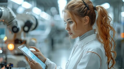 Engineer woman uses a digital tablet to control a robotic arm in a high-tech industrial environment with an emphasis on automation and precision. Generative AI.