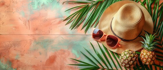 Vacation summer holiday travel tropical ocean sea banner panorama greeting card - straw hat,...