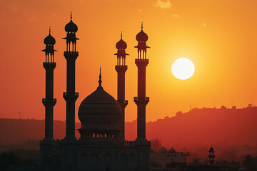 sun going down over mosque  - obrazy, fototapety, plakaty