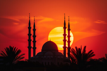 sun going down over mosque 