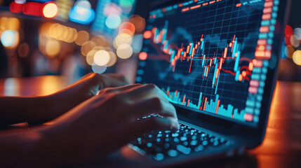 the precision and expertise required for successful stock market, Close-up of hands typing on a laptop with stock market graphs on the screen. Generative AI.