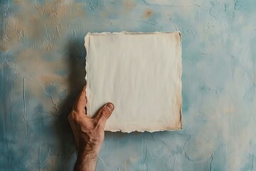 hand examines a blank sheet of paper while standing in front of a modern abstract artwork
