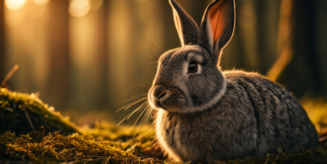 Gray rabbit in the woods, portrait, warm colors, ai generated