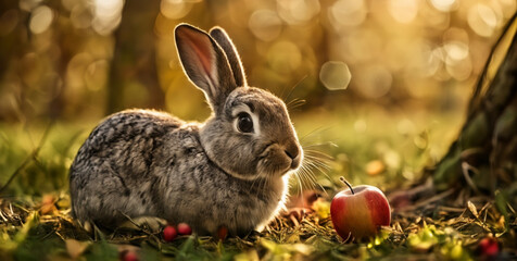 Gray rabbit in the woods, portrait, warm colors, ai generated